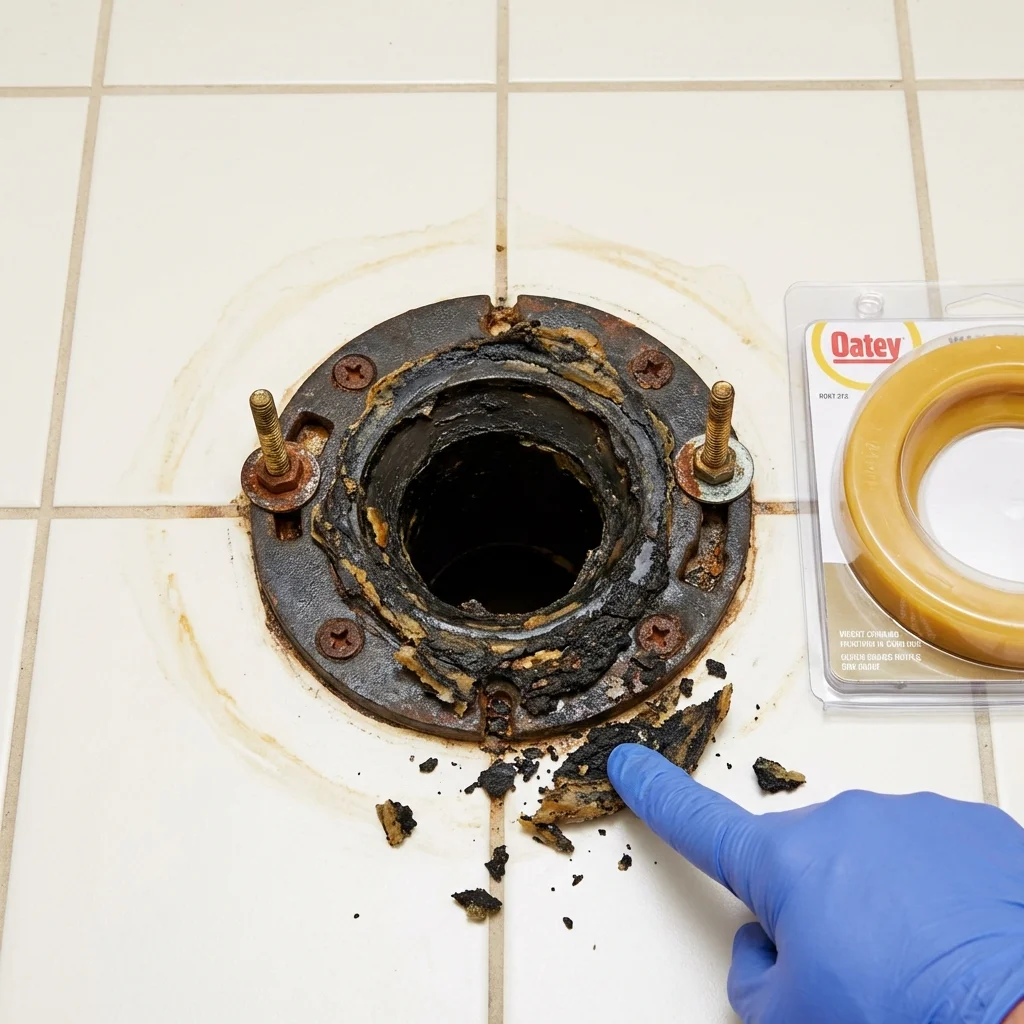 Failed wax ring showing water seepage at the base of a toilet in a Union City, MI home