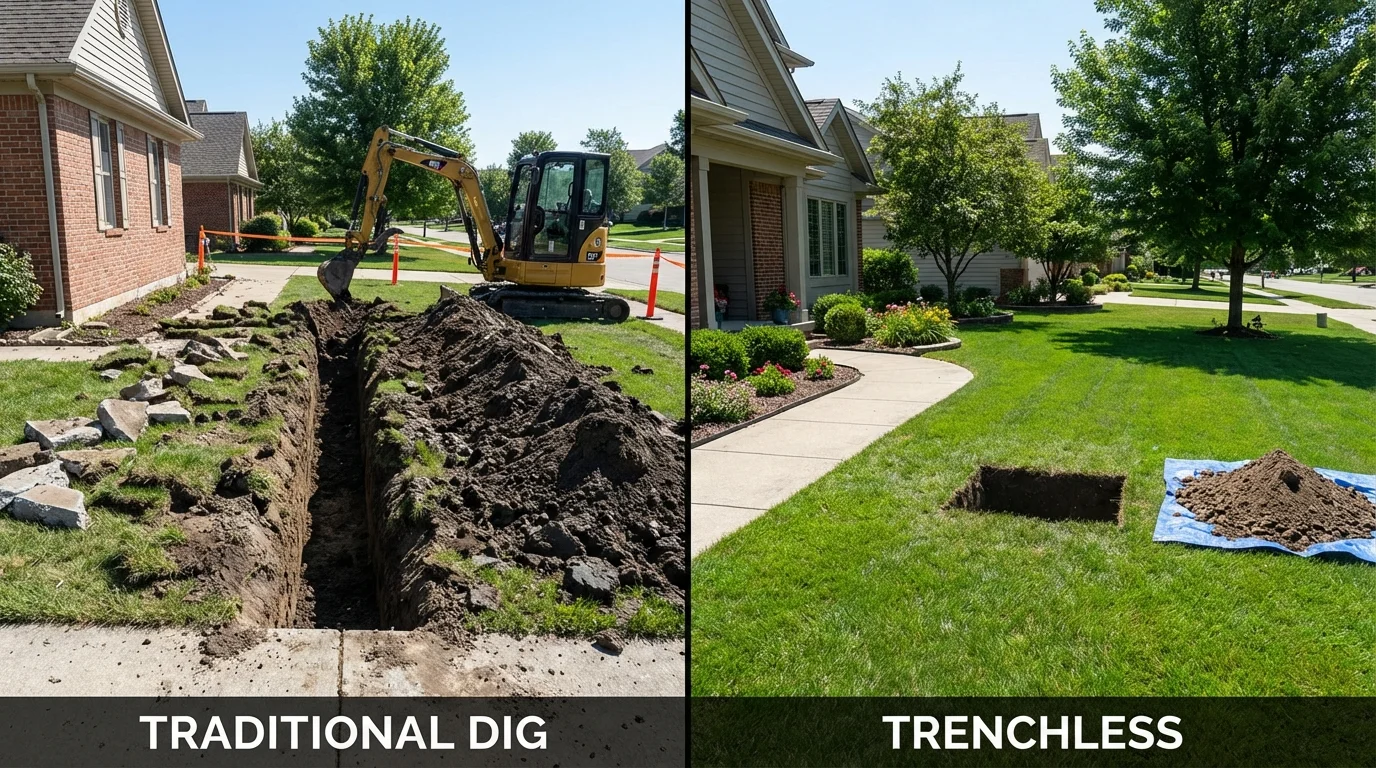 Trenchless sewer repair with minimal yard damage versus traditional excavation in Union City, MI