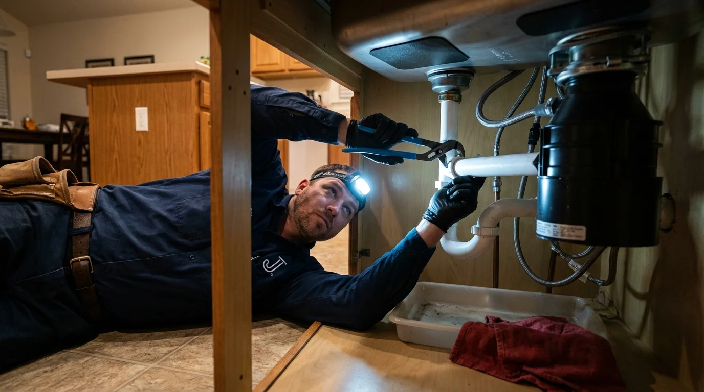 P-trap and supply line connections under a kitchen sink showing a common leak point in Union City, MI